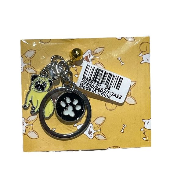 Pug and Bells Pet Keychain Silver Yellow - Picture 3 of 4